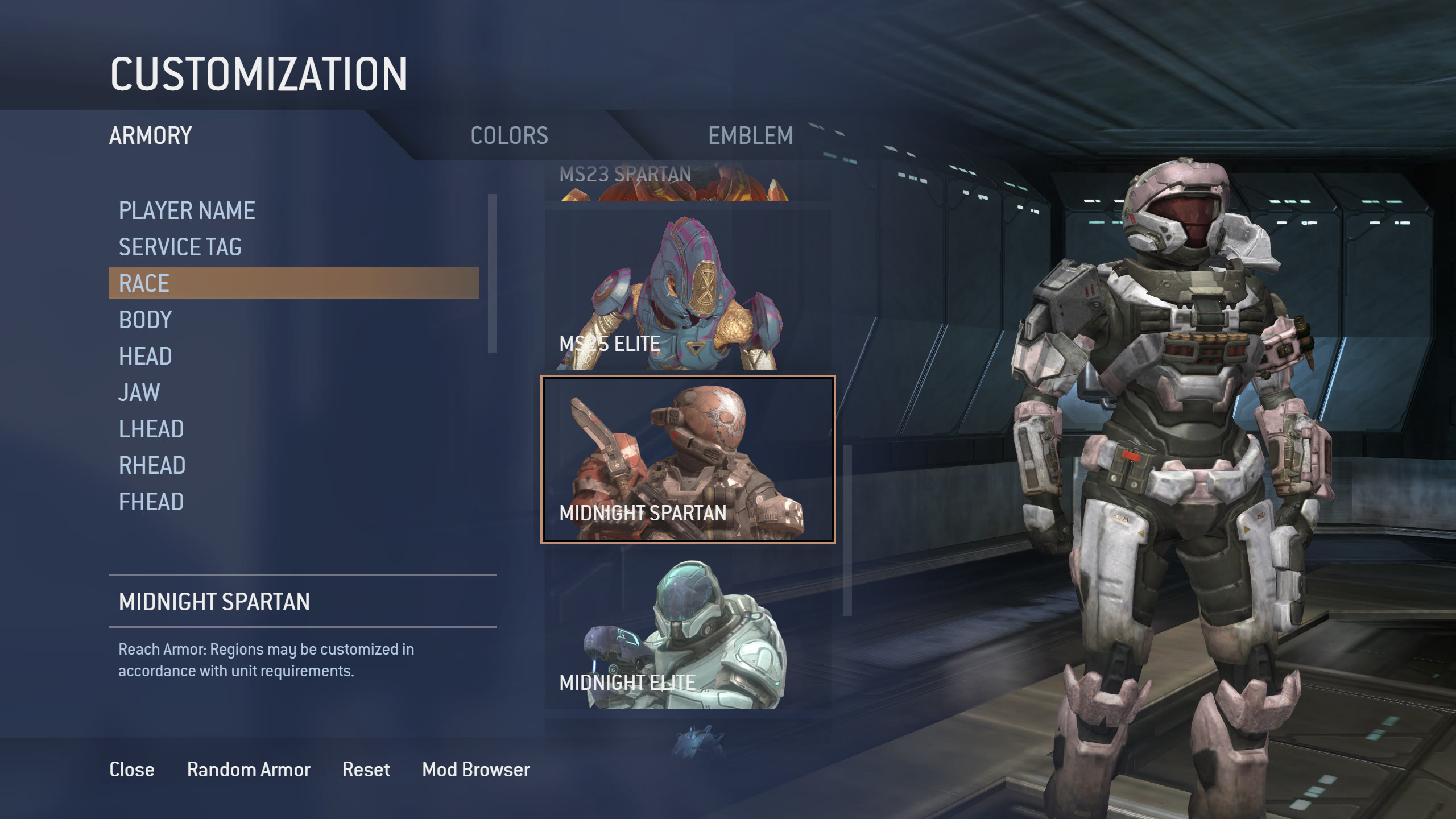 Customization menu showing Halo Reach style armor with the Customization++ mod.